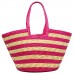Straw Tote: Striped Woven Wheat Straw Tote - Fuchsia - BG-B11047FU